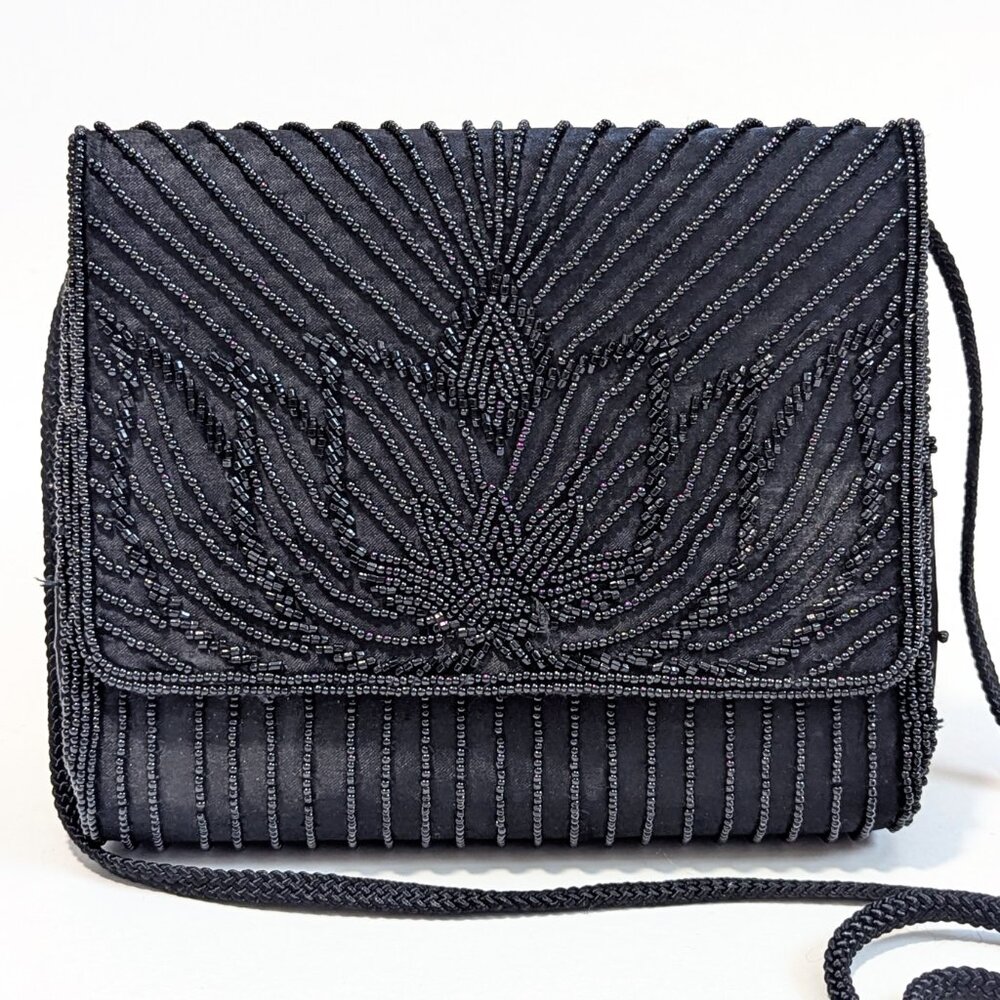 La Regale Vintage Black Satin Beaded Evening Shoulder Crossbody Art Deco Purse